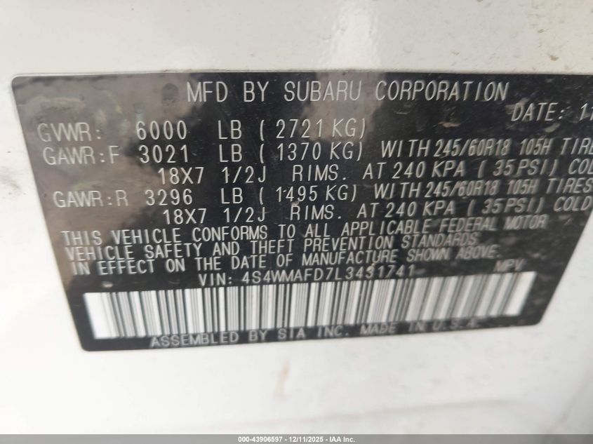 2020 Subaru Ascent Premium VIN: 4S4WMAFD7L3431741 Lot: 43906597