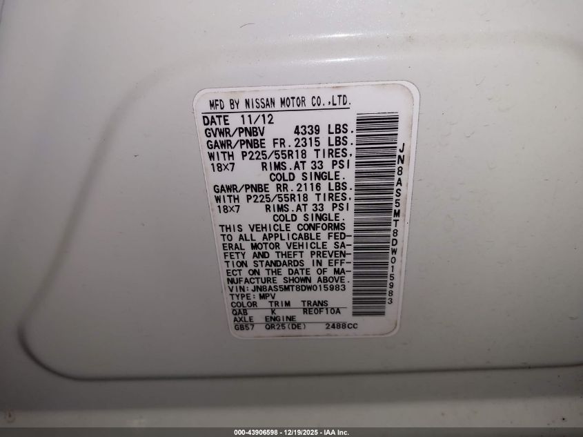 2013 Nissan Rogue Sv W/Sl Pkg VIN: JN8AS5MT8DW015983 Lot: 43906598
