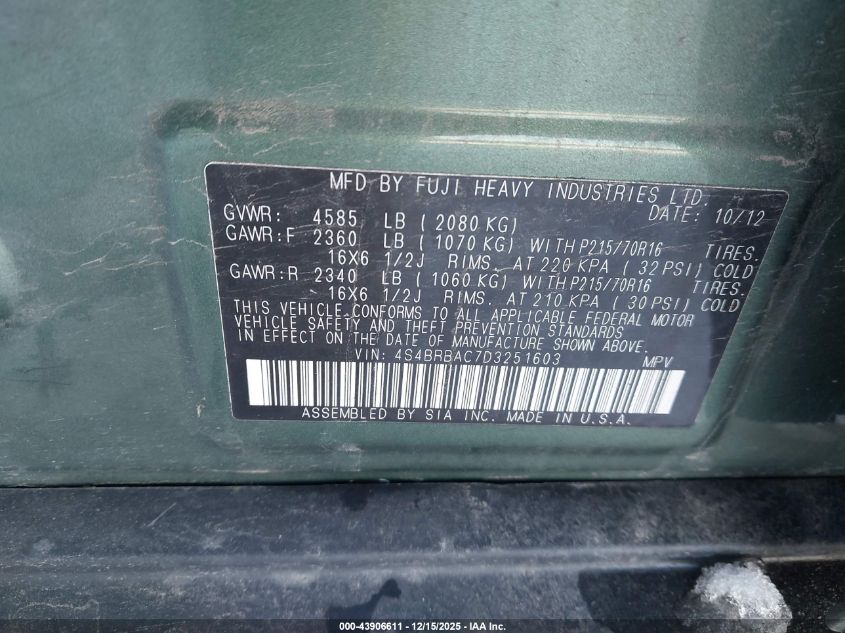 2013 Subaru Outback 2.5I VIN: 4S4BRBAC7D3251603 Lot: 43906611