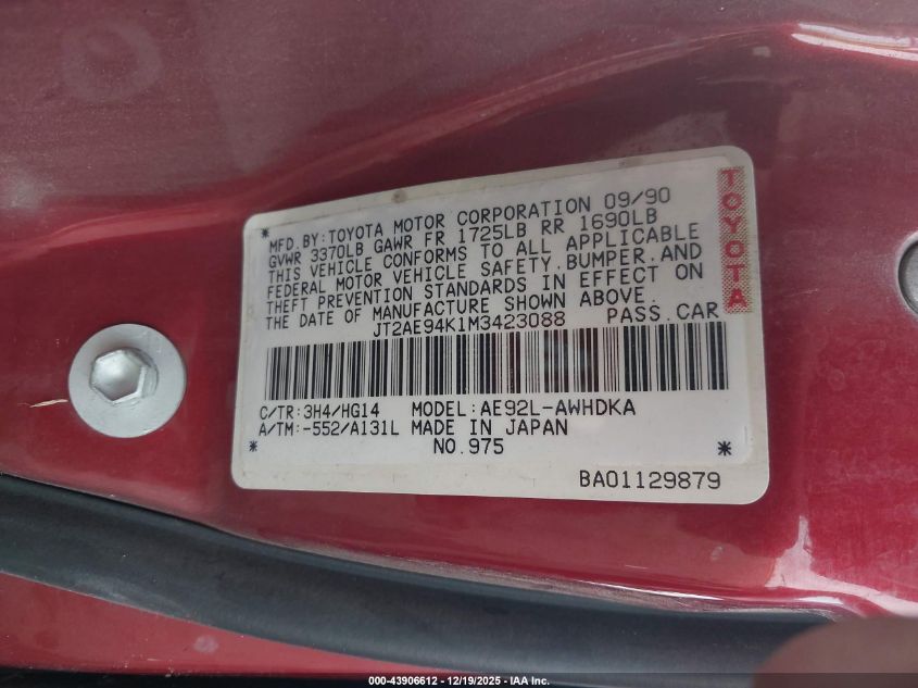 1991 Toyota Corolla Dlx VIN: JT2AE94K1M3423088 Lot: 43906612