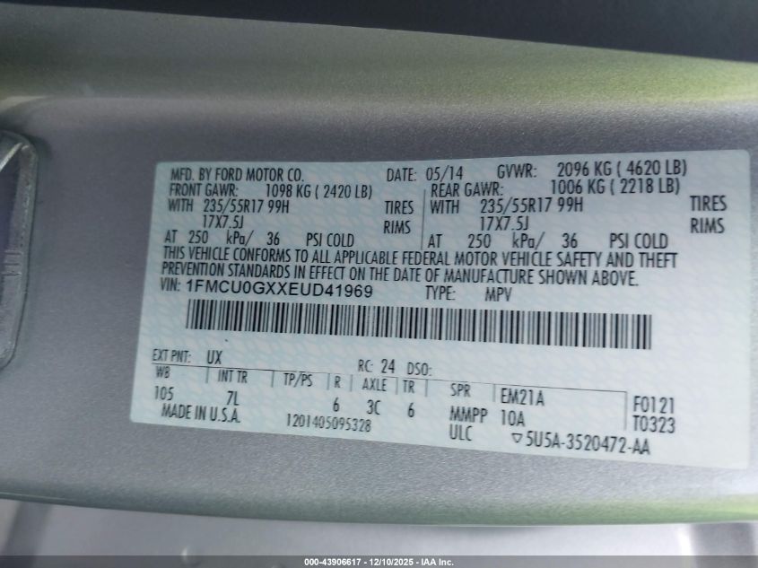 2014 Ford Escape Se VIN: 1FMCU0GXXEUD41969 Lot: 43906617