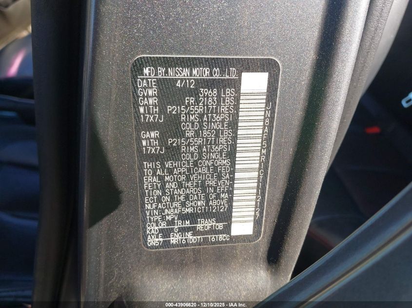 2012 Nissan Juke Sl VIN: JN8AF5MR1CT112127 Lot: 43906620