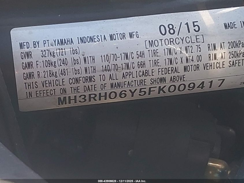 2015 Yamaha Yzfr3 VIN: MH3RH06Y5FK009417 Lot: 43906628