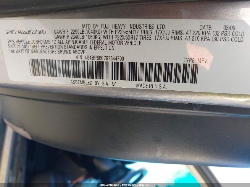 2009 Subaru Outback 2.5I Limited VIN: 4S4BP66C797344790 Lot: 43906630