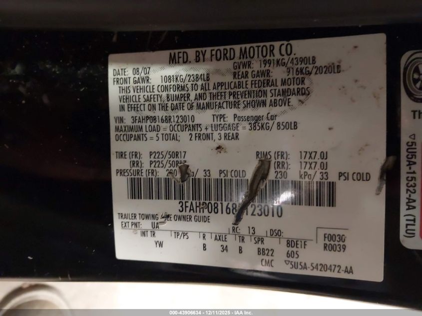 2008 Ford Fusion Sel VIN: 3FAHP08168R123010 Lot: 43906634