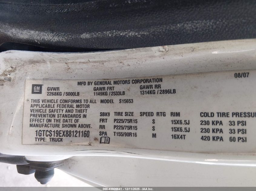 2008 GMC Canyon Sle1 VIN: 1GTCS19EX88121160 Lot: 43906641