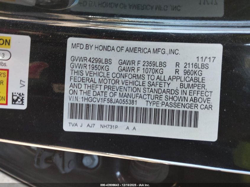 2018 Honda Accord Ex-L VIN: 1HGCV1F58JA055381 Lot: 43906643