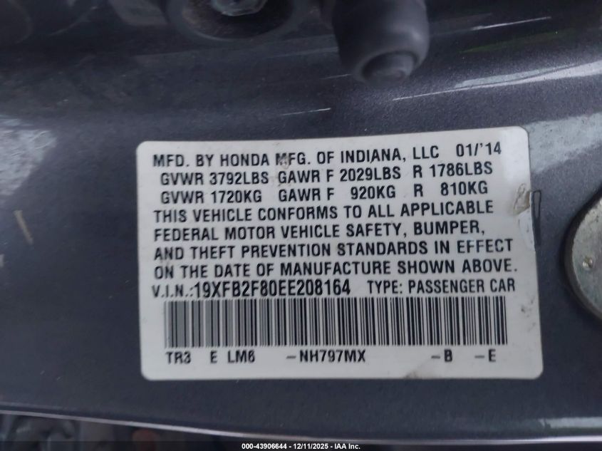 2014 Honda Civic Ex VIN: 19XFB2F80EE208164 Lot: 43906644