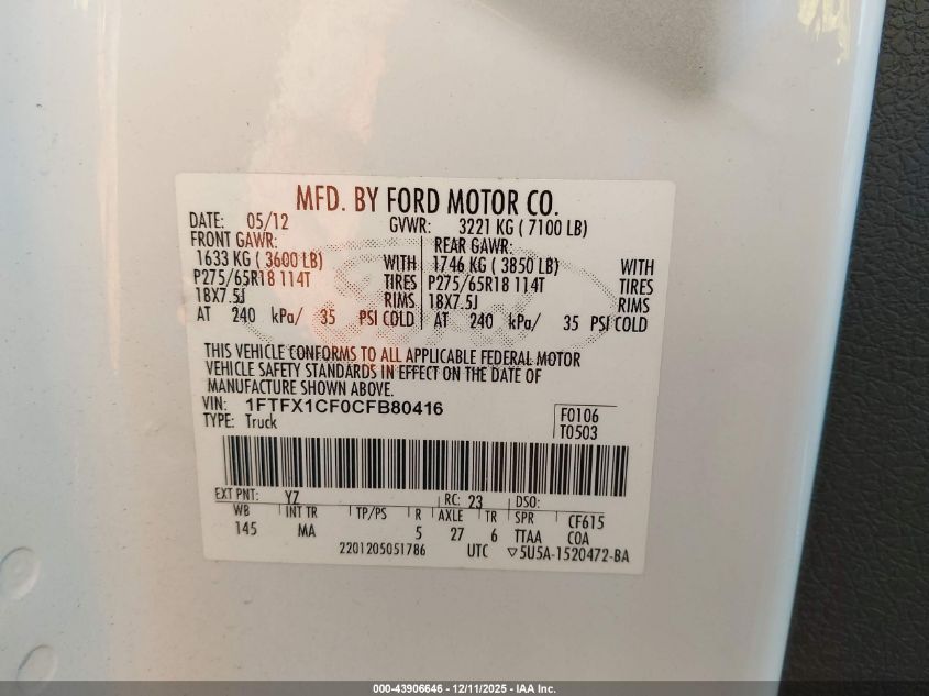 2012 Ford F-150 Xlt VIN: 1FTFX1CF0CFB80416 Lot: 43906646