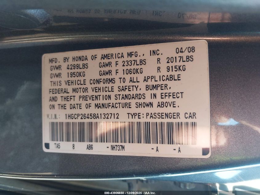 2008 Honda Accord 2.4 Lx-P VIN: 1HGCP26458A132712 Lot: 43906658