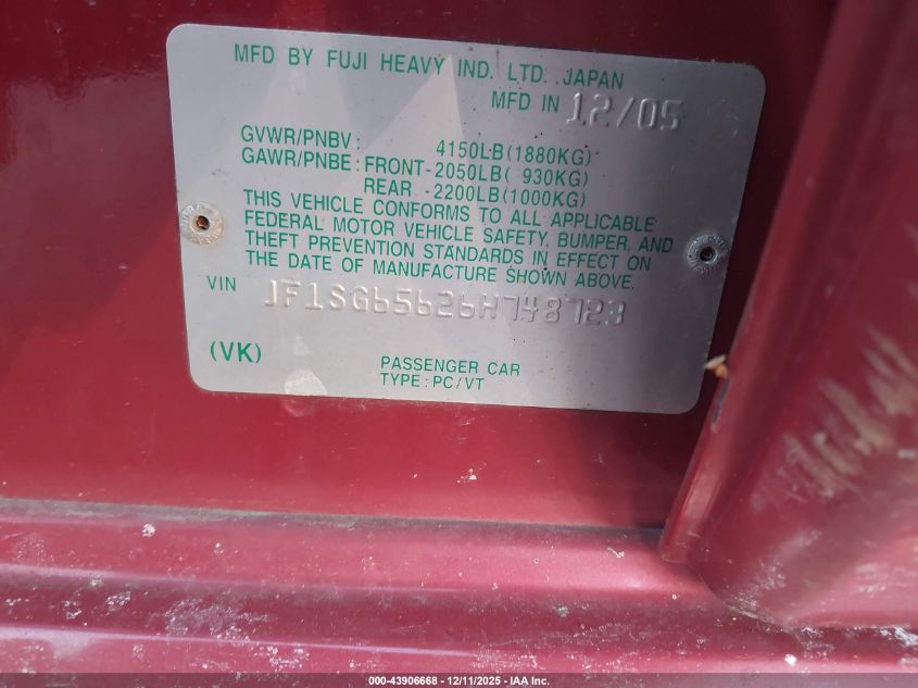 2006 Subaru Forester 2.5X VIN: JF1SG65626H748723 Lot: 43906668