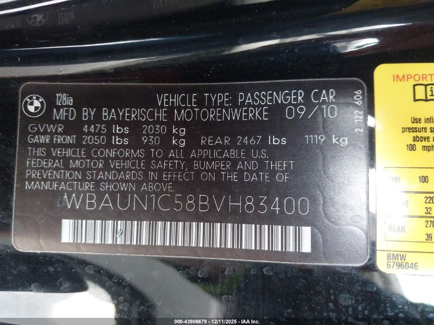2011 BMW 128I VIN: WBAUN1C58BVH83400 Lot: 43906679
