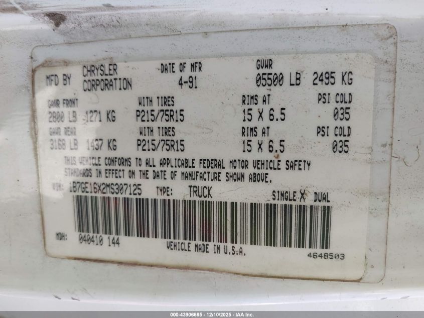 1991 Dodge D-Series D150 VIN: 1B7GE16X2MS307125 Lot: 43906685