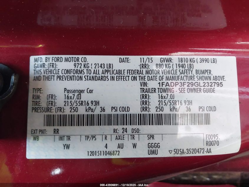 2016 Ford Focus Se VIN: 1FADP3F29GL232795 Lot: 43906691