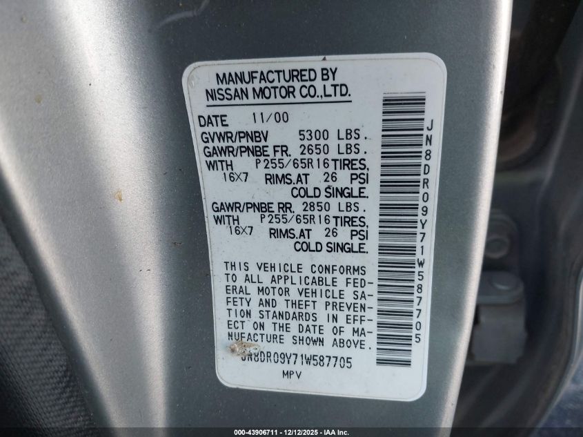 2001 Nissan Pathfinder Se VIN: JN8DR09Y71W587705 Lot: 43906711