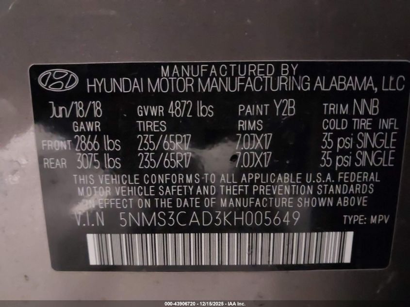 2019 Hyundai Santa Fe Sel VIN: 5NMS3CAD3KH005649 Lot: 43906720