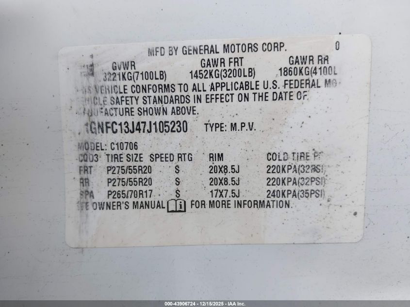 2007 Chevrolet Tahoe Lt VIN: 1GNFC13J47J105230 Lot: 43906724