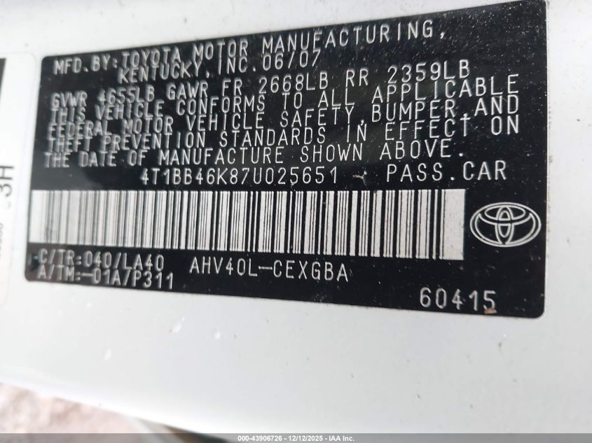 2007 Toyota Camry Hybrid VIN: 4T1BB46K87U025651 Lot: 43906726