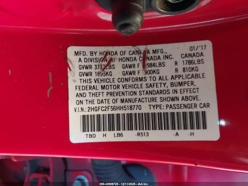 2017 Honda Civic Lx VIN: 2HGFC2F56HH518770 Lot: 43906728