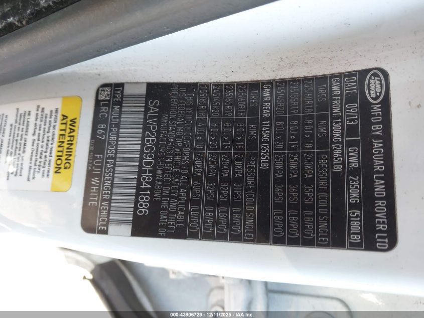 2013 Land Rover Range Rover Evoque Pure VIN: SALVP2BG9DH841886 Lot: 43906729