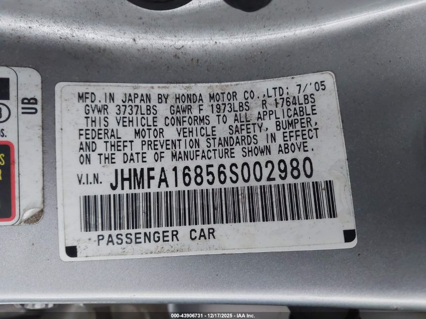 2006 Honda Civic 4D VIN: JHMFA168565002980 Lot: 43906731