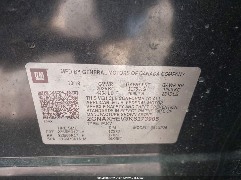 2019 Chevrolet Equinox Ls VIN: 2GNAXHEV3K6173905 Lot: 43906732