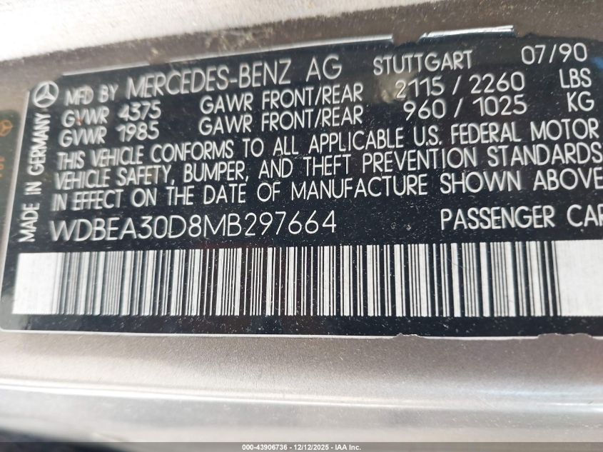 1991 Mercedes-Benz 300 E VIN: WDBEA30D8MB297664 Lot: 43906736