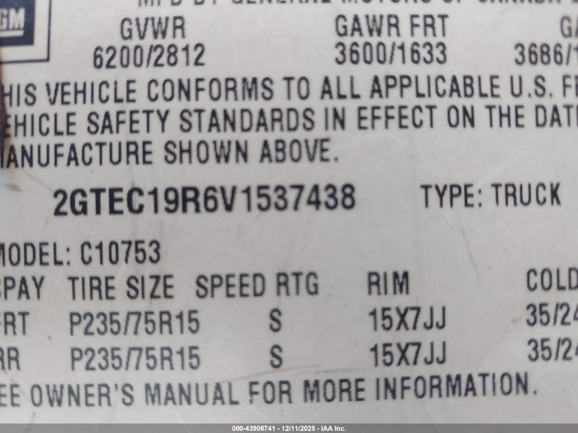 1997 GMC Sierra 1500 Sl Wideside VIN: 2GTEC19R6V1537438 Lot: 43906741