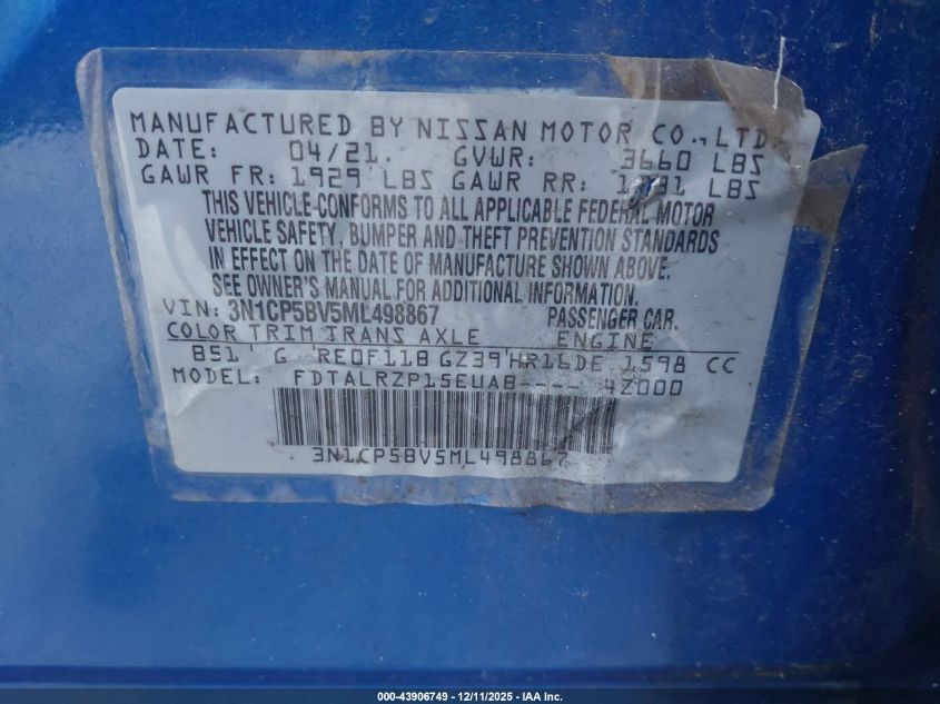 2021 Nissan Kicks S Xtronic Cvt VIN: 3N1CP5BV5ML498867 Lot: 43906749