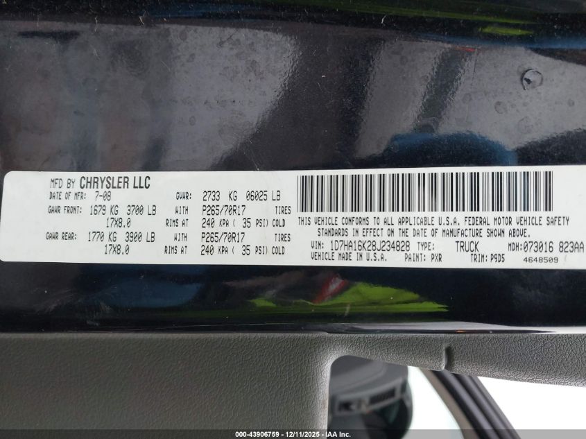2008 Dodge Ram 1500 St/Sxt VIN: 1D7HA16K28J234828 Lot: 43906759