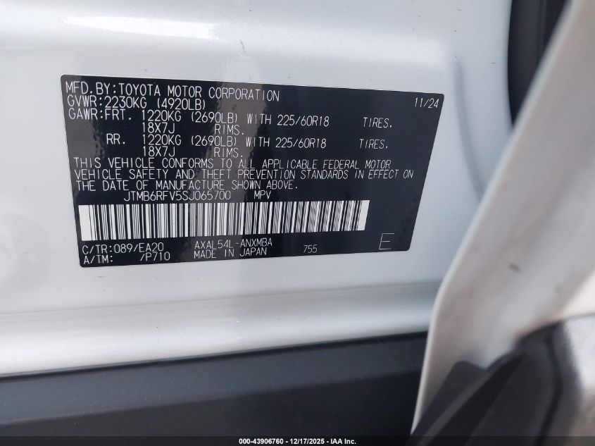 2025 Toyota Rav4 Hybrid Xle Premium VIN: JTMB6RFV5SJ065700 Lot: 43906760