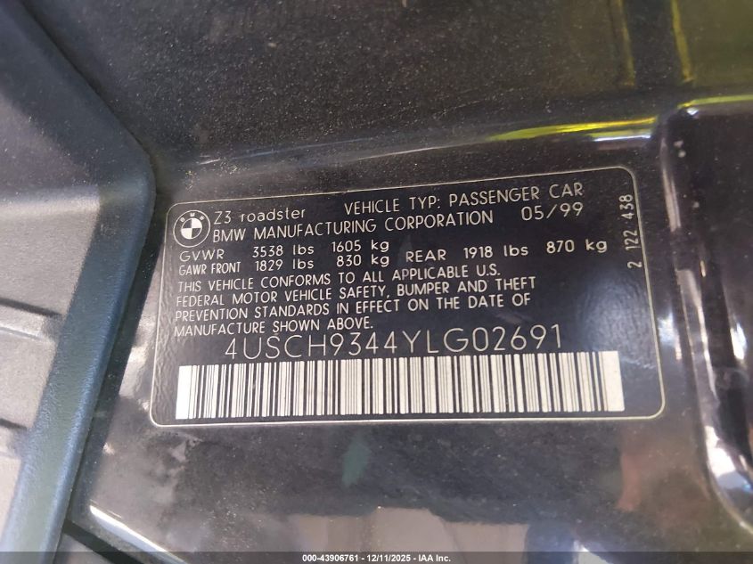 2000 BMW Z3 2.3 VIN: 4USCH9344YLG02691 Lot: 43906761