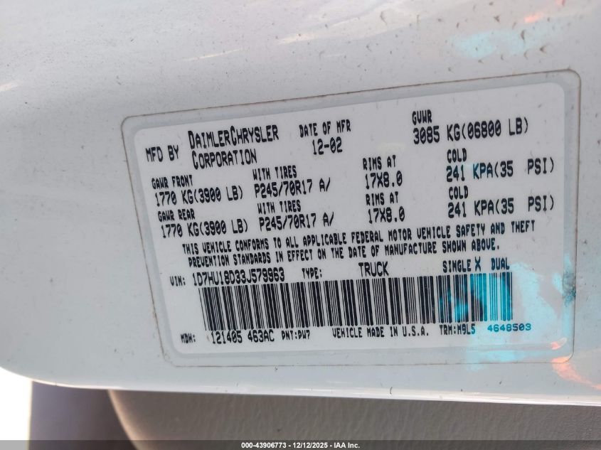 2003 Dodge Ram 1500 Slt/Laramie/St VIN: 1D7HU18D33J579963 Lot: 43906773