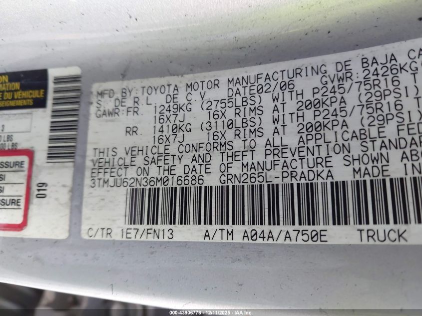 2006 Toyota Tacoma Prerunner V6 VIN: 3TMJU62N36M016686 Lot: 43906778