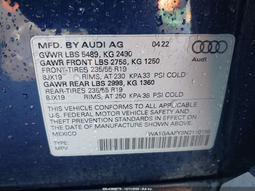 2022 Audi Q5 Premium 45 Tfsi S Line Quattro S Tronic VIN: WA1GAAFY3N2110156 Lot: 43906779