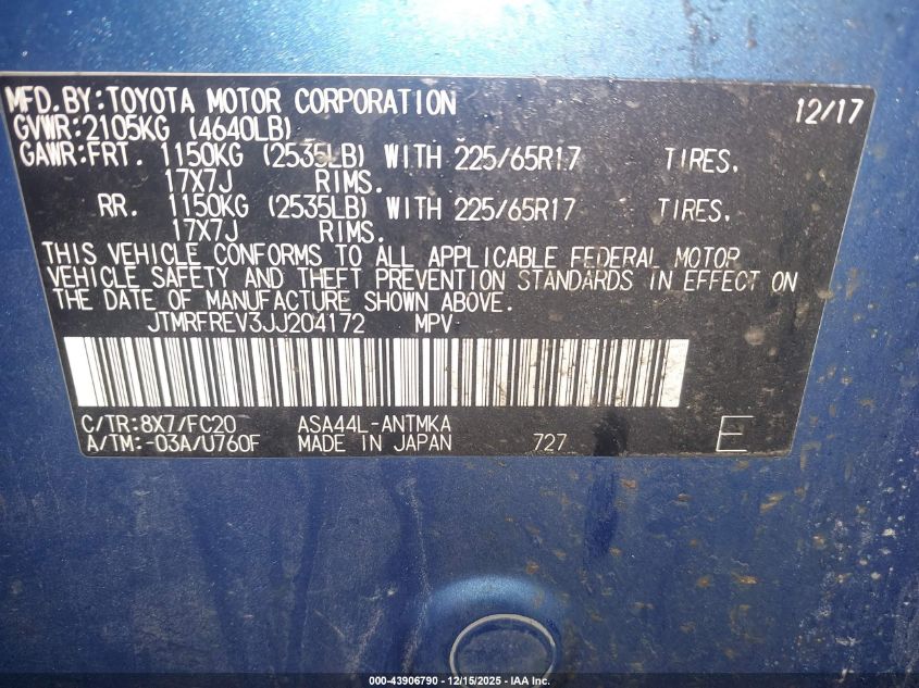 2018 Toyota Rav4 Xle VIN: JTMRFREV3JJ204172 Lot: 43906790