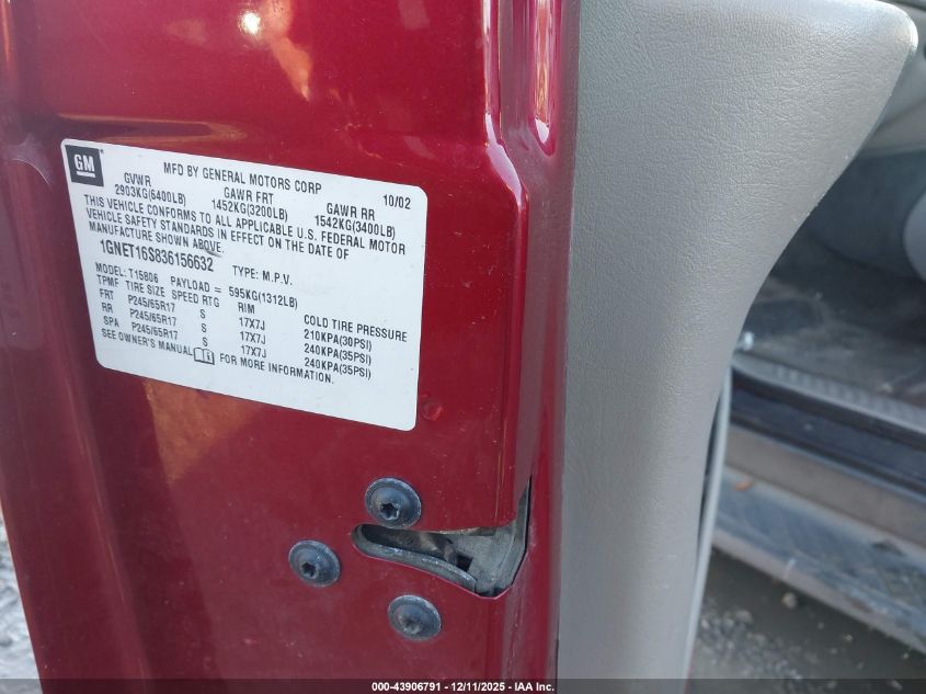 2003 Chevrolet Trailblazer Ext Lt VIN: 1GNET16S836156632 Lot: 43906791