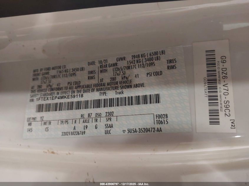 2021 Ford F-150 Xl VIN: 1FTEX1EP4MKE59118 Lot: 43906797