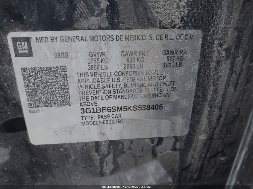 2019 Chevrolet Cruze Lt VIN: 3G1BE6SM5KS538405 Lot: 43906803