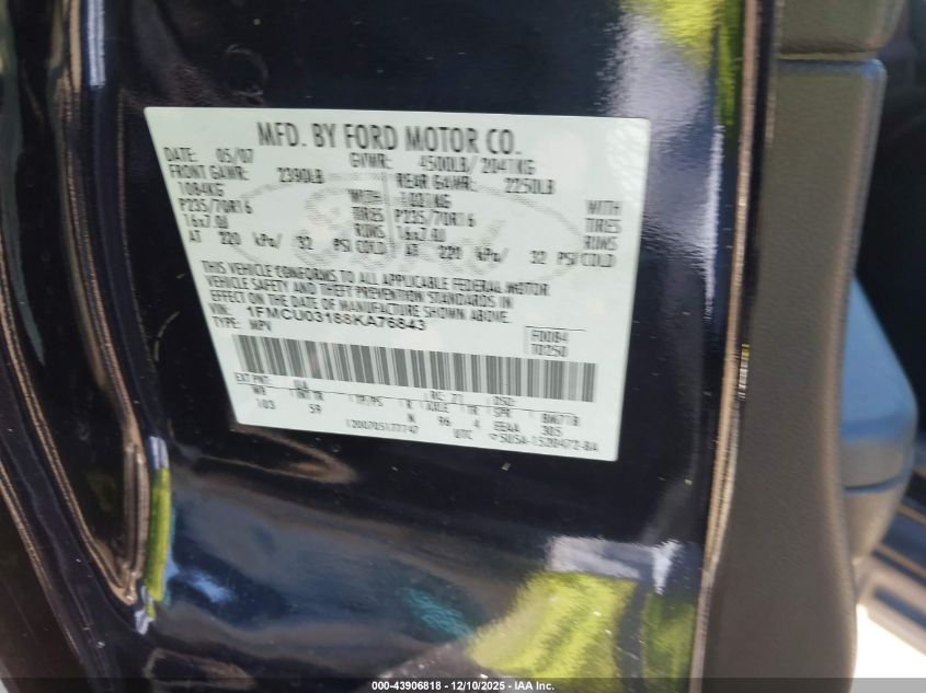 2008 Ford Escape Xlt VIN: 1FMCU03188KA76843 Lot: 43906818