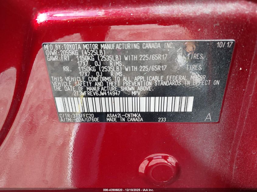 2018 Toyota Rav4 Xle VIN: 2T3WFREV6JW414947 Lot: 43906820