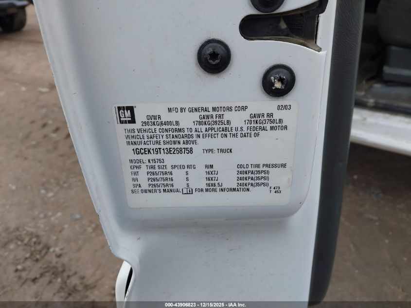 2003 Chevrolet Silverado 1500 Ls VIN: 1GCEK19T13E268758 Lot: 43906823