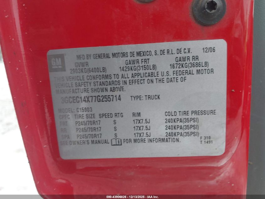 2007 Chevrolet Silverado 1500 Classic Work Truck VIN: 3GCEC14X77G255714 Lot: 43906826