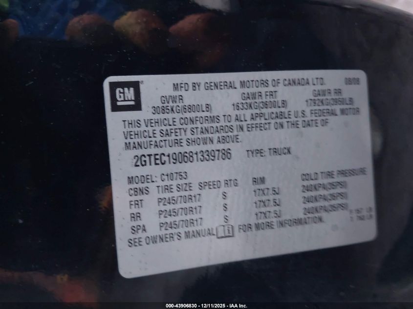 2008 GMC Sierra 1500 Sle1 VIN: 2GTEC190681339786 Lot: 43906830