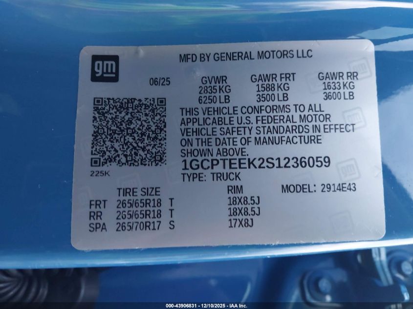 2025 Chevrolet Colorado 4Wd Trail Boss VIN: 1GCPTEEK2S1236059 Lot: 43906831