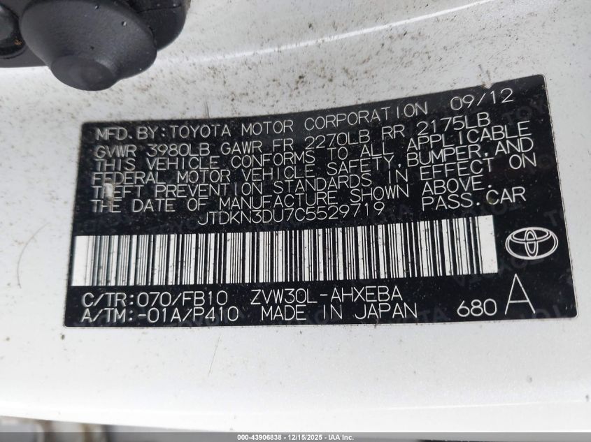 2012 Toyota Prius Three VIN: JTDKN3DU7C5529719 Lot: 43906838