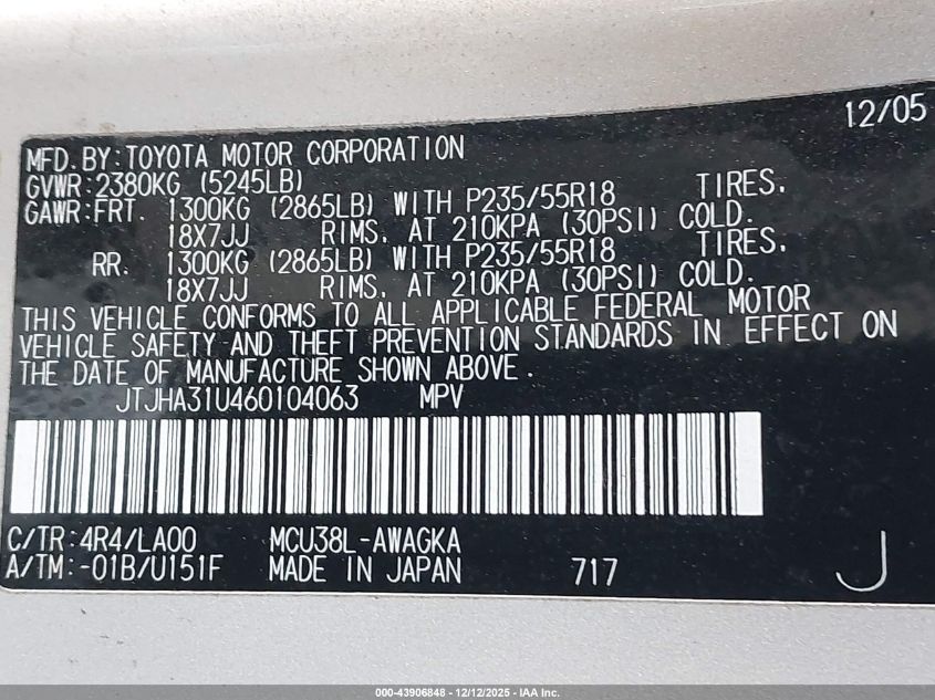2006 Lexus Rx 330 VIN: JTJHA31U460104063 Lot: 43906848