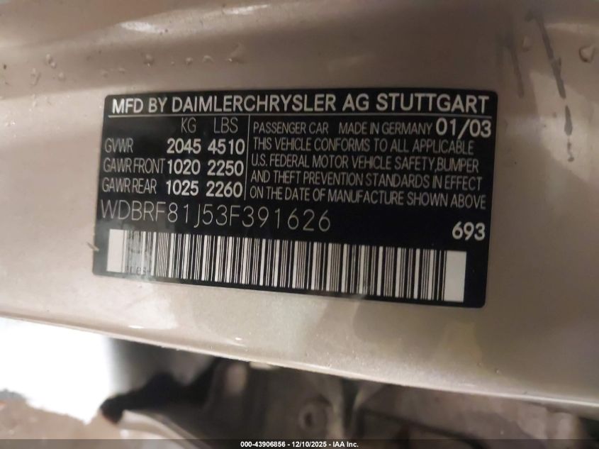 2003 Mercedes-Benz C 240 VIN: WDBRF81J53F391626 Lot: 43906856