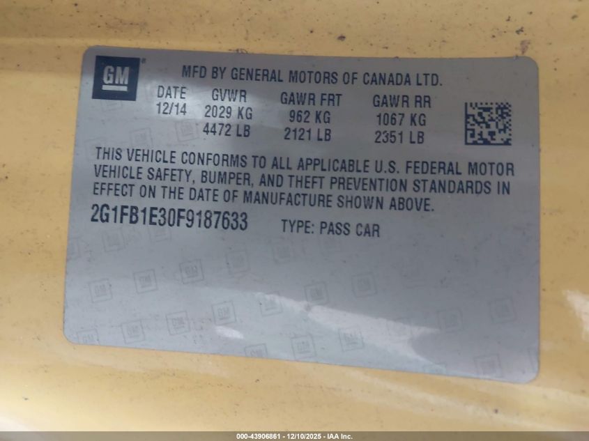 2015 Chevrolet Camaro 2Ls VIN: 2G1FB1E30F9187633 Lot: 43906861