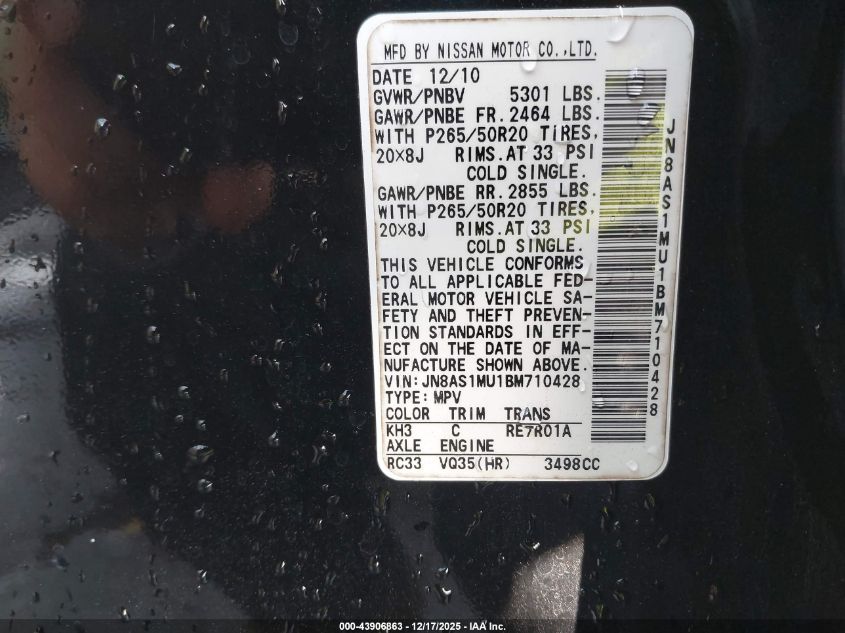 2011 Infiniti Fx35 VIN: JN8AS1MU1BM710428 Lot: 43906863